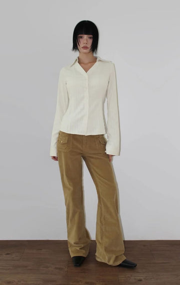 SUEDE STRIPE V-NECK SHIRT